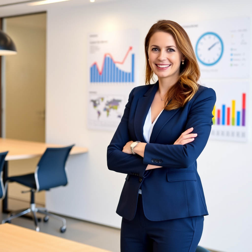 Photo professionnelle de Sarah Dubois, directrice stratégique experte en transformation d'entreprise, diplômée HEC Paris, portant un tailleur bleu marine dans un bureau moderne avec des graphiques de performance en arrière-plan