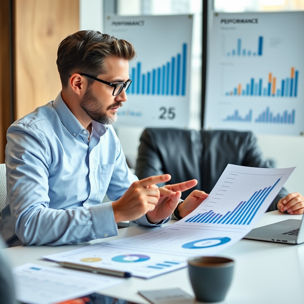 Consultant en stratégie analysant des données financières et des graphiques de performance lors d'une réunion professionnelle