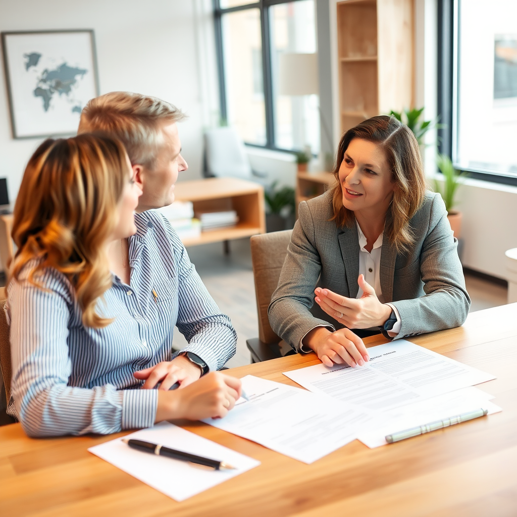 Consultant en financement personnel discutant avec un client dans un bureau moderne, documents de prêt sur la table, ambiance professionnelle et chaleureuse