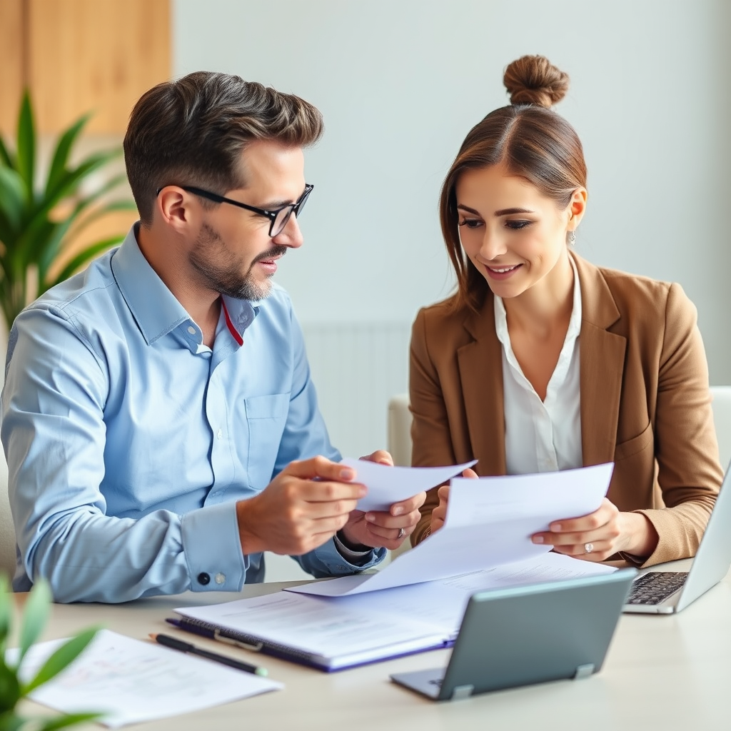 Consultation personnalisée pour prêt personnel avec conseiller financier analysant des documents et calculant les meilleures options de financement