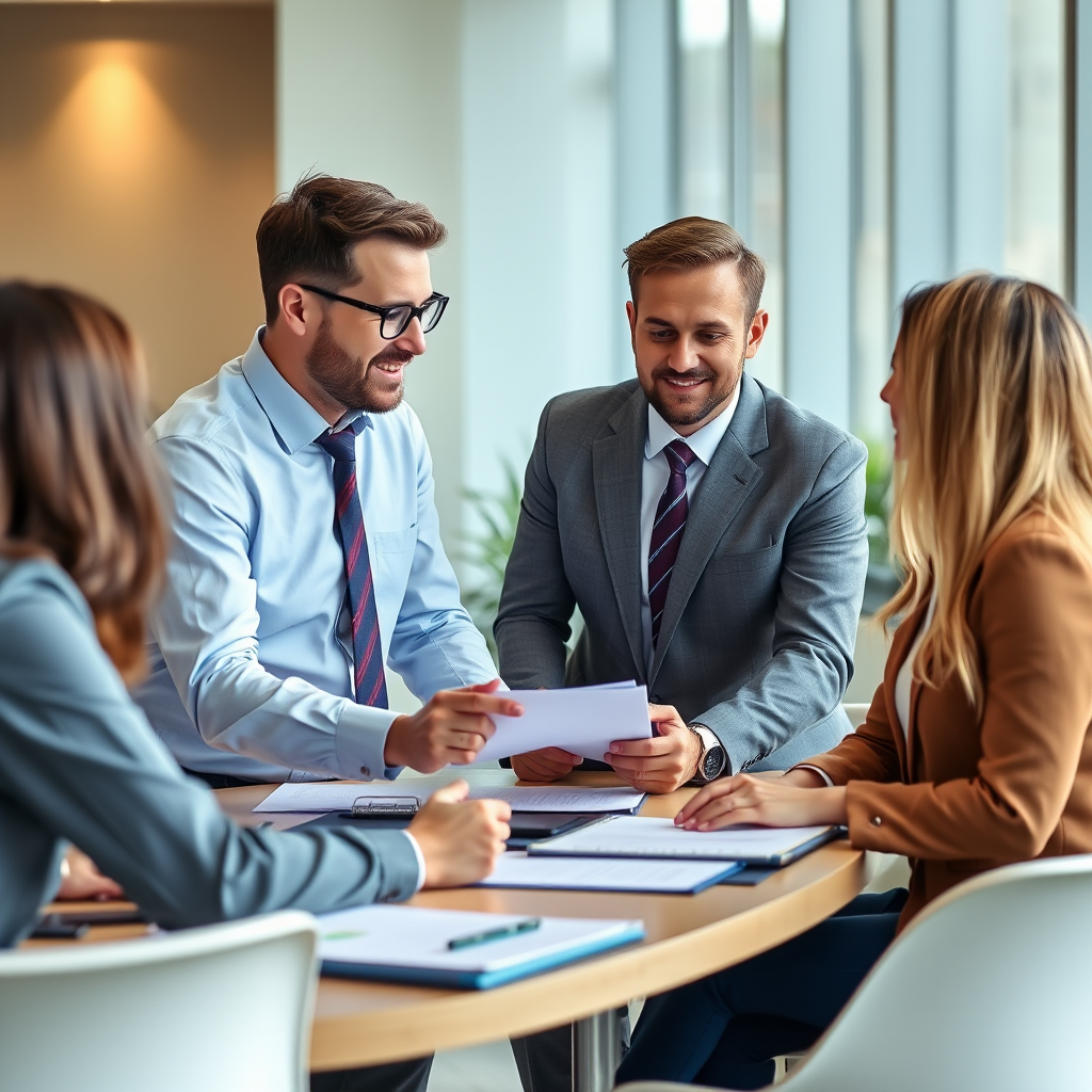 Réunion de financement professionnel avec des conseillers spécialisés discutant des solutions de crédit avec des entrepreneurs dans un bureau moderne