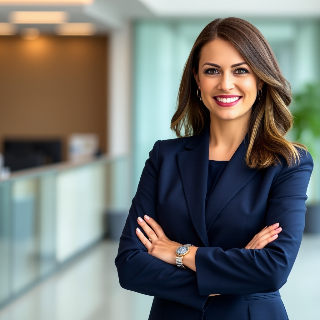 Photo professionnelle de Sarah Dubois, directrice stratégique chez Lytranovatrix, femme d'affaires élégante en tailleur bleu marine, sourire confiant, arrière-plan bureau moderne