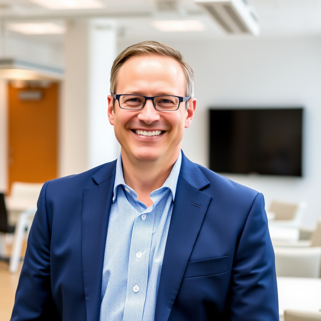 Photo professionnelle de Marc Lefebvre, consultant senior en management, portant un costume bleu marine, souriant avec confiance dans un bureau moderne