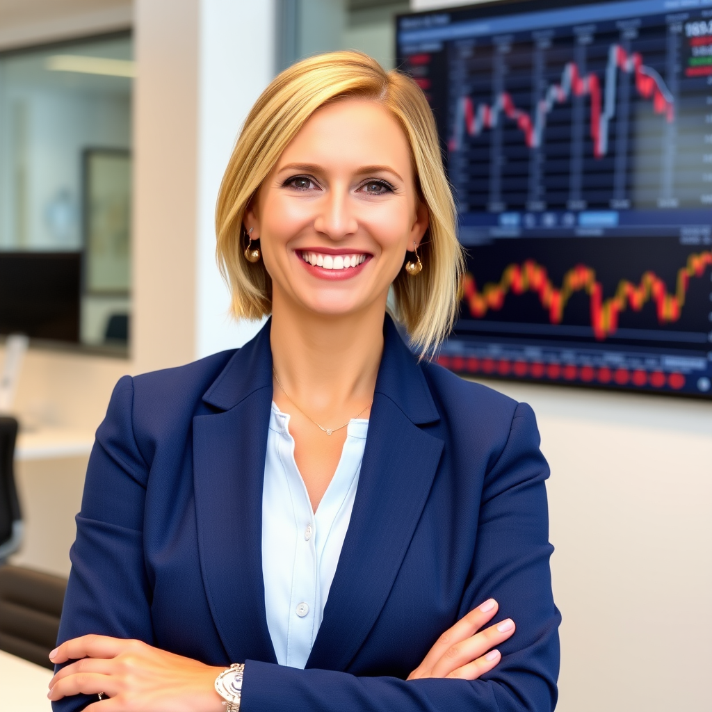 Photo professionnelle de Claire Martin, analyste financière senior, portant un tailleur bleu marine, souriant avec confiance dans un bureau moderne avec des graphiques financiers en arrière-plan