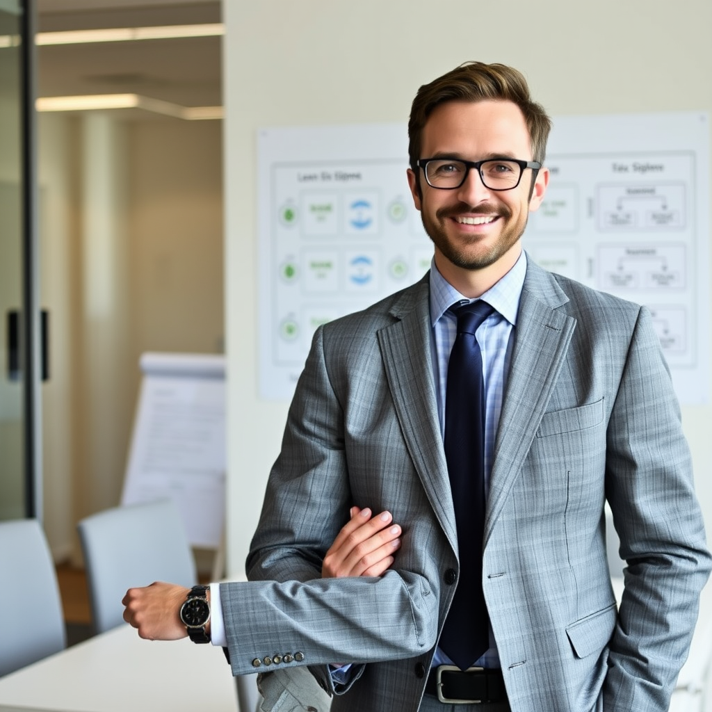 Photo professionnelle de Marc Lefebvre, consultant senior en management, ancien directeur général avec MBA INSEAD, en costume gris dans un environnement de bureau avec des diagrammes de processus Lean Six Sigma