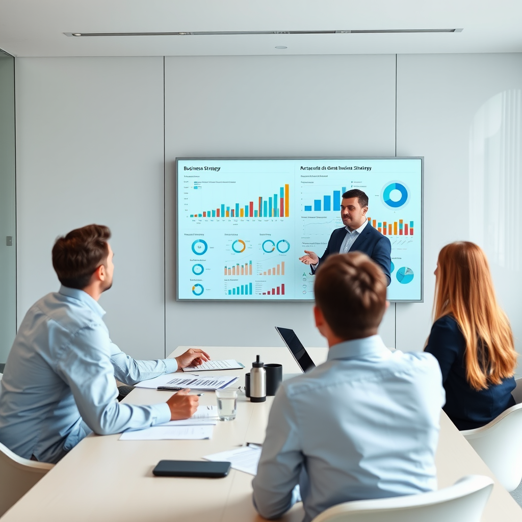 Équipe de consultants en management présentant une stratégie d'entreprise avec des graphiques et tableaux de bord dans une salle de réunion moderne