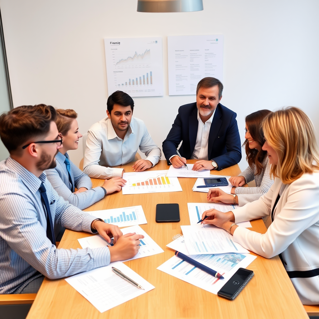 Réunion de financement professionnel avec des entrepreneurs et conseillers financiers autour d'une table de conférence, graphiques de croissance et documents d'investissement visibles