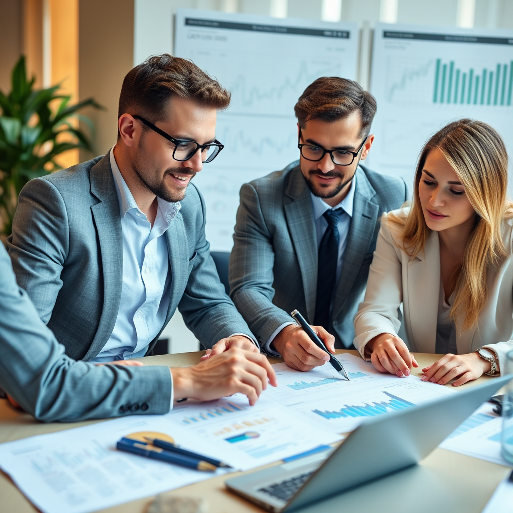 Équipe de conseillers financiers Lytranovatrix travaillant sur des stratégies de financement personnel avec graphiques et analyses de marché