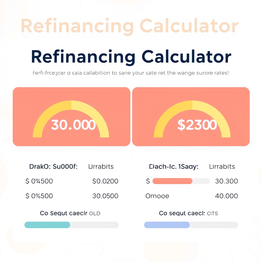 Interface de calculateur de refinancement montrant des graphiques de comparaison entre anciens et nouveaux taux, avec des barres de progression indiquant les économies réalisées