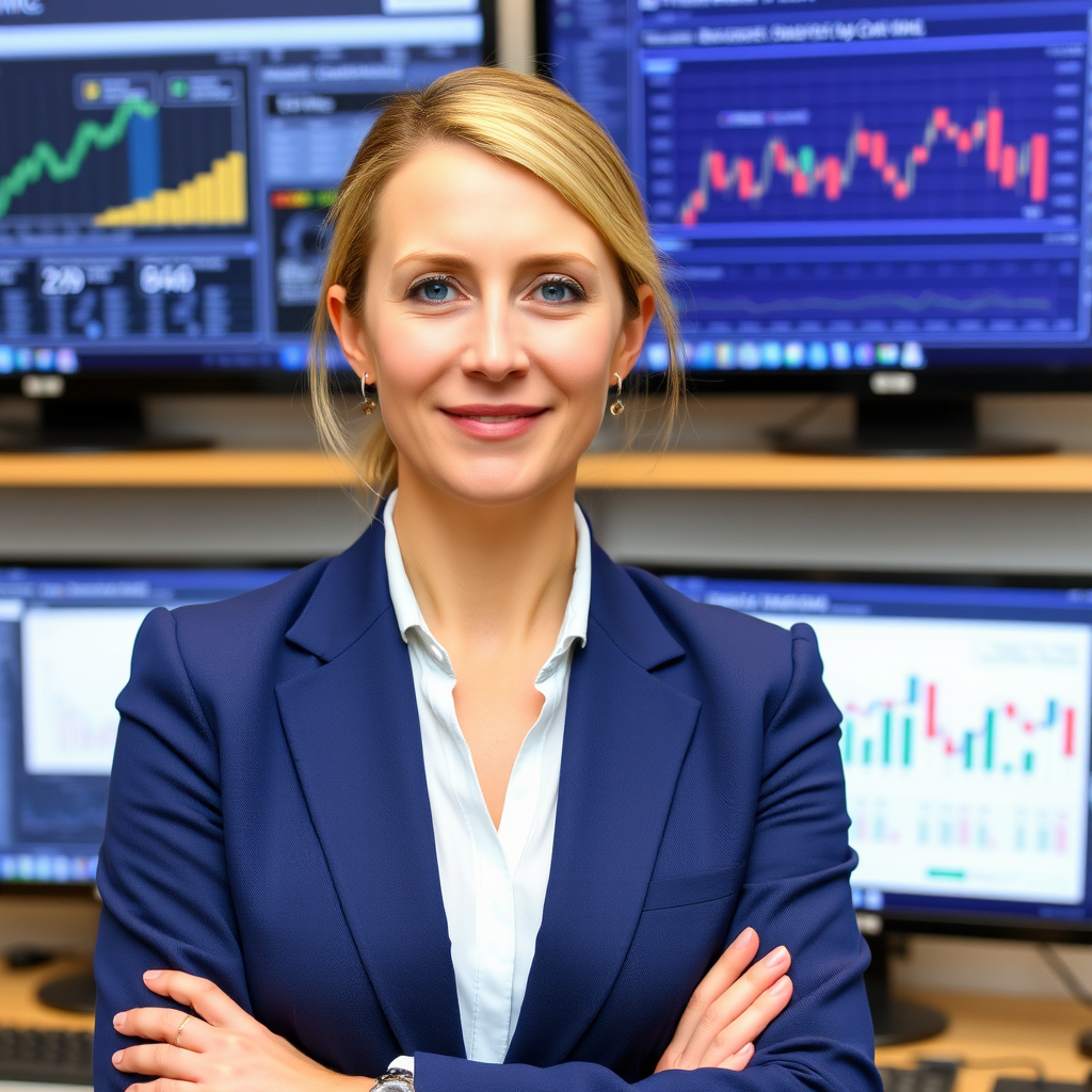 Photo professionnelle de Claire Martin, analyste financière senior et expert-comptable diplômée ESSEC, en tailleur bleu marine devant des écrans affichant des modèles financiers et graphiques d'évaluation d'entreprise