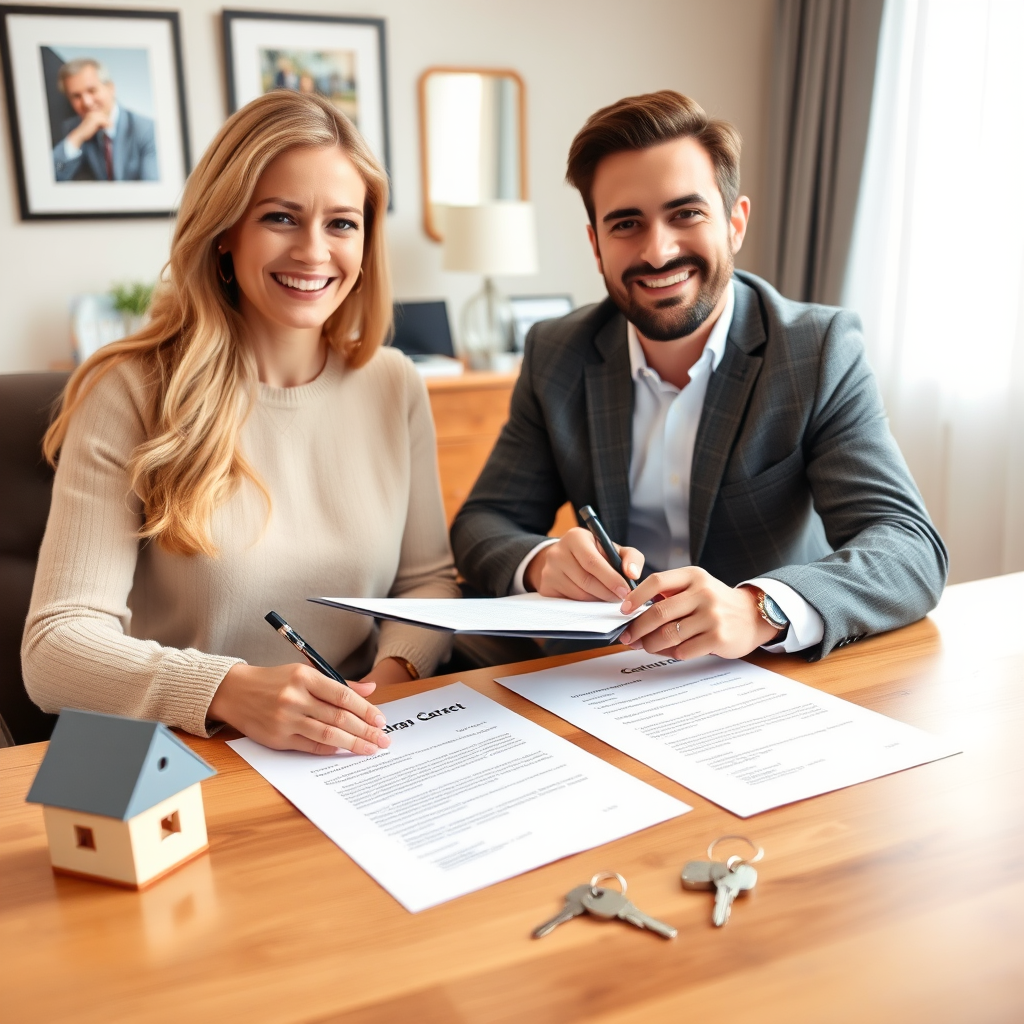 Signature de contrat de crédit immobilier dans un bureau d'agent immobilier, couple heureux signant des documents, clés de maison sur la table, ambiance chaleureuse et professionnelle